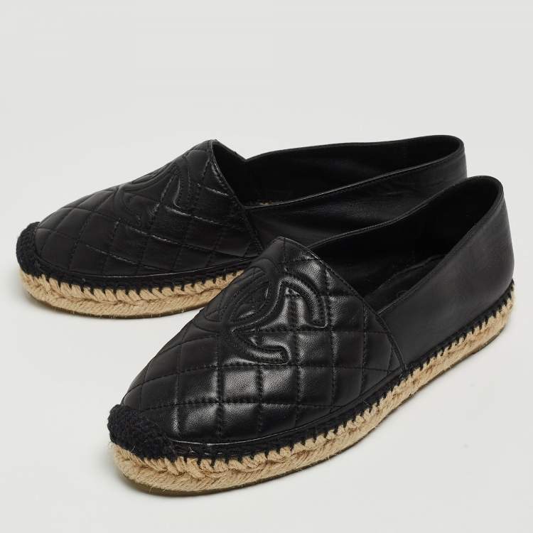 Pre Owned Chanel Black Quilted Leather CC Espadrille Flats Size 37