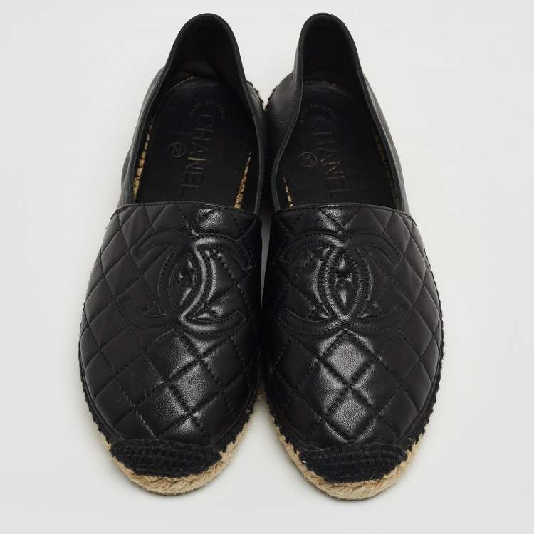 Pre Owned Chanel Black Quilted Leather CC Espadrille Flats Size 37