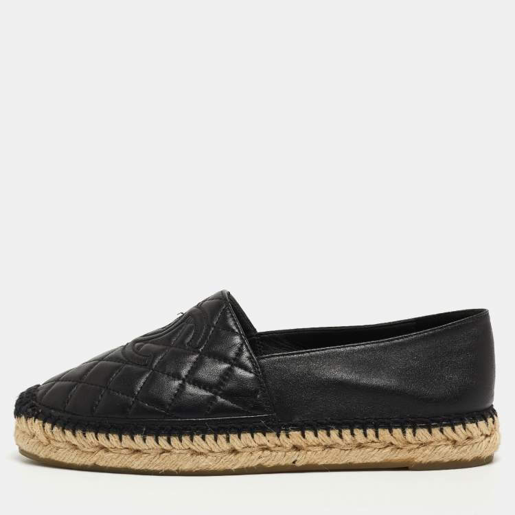 Pre Owned Chanel Black Quilted Leather CC Espadrille Flats Size 37