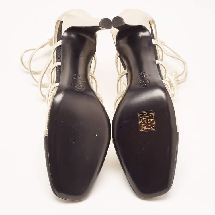 Pre Owned Chanel Gold/Black Leather and Canvas CC Cap Toe Cage Ankle Booties Size 41