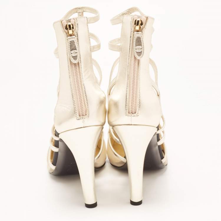 Pre Owned Chanel Gold/Black Leather and Canvas CC Cap Toe Cage Ankle Booties Size 41