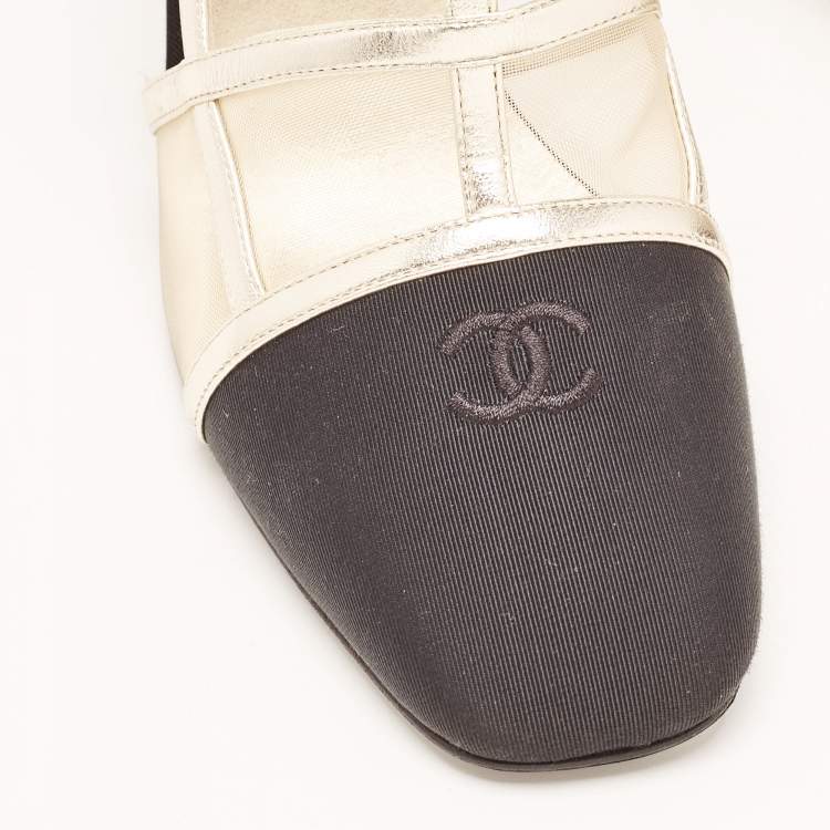 Pre Owned Chanel Gold/Black Leather and Canvas CC Cap Toe Cage Ankle Booties Size 41