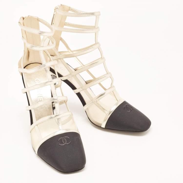 Pre Owned Chanel Gold/Black Leather and Canvas CC Cap Toe Cage Ankle Booties Size 41