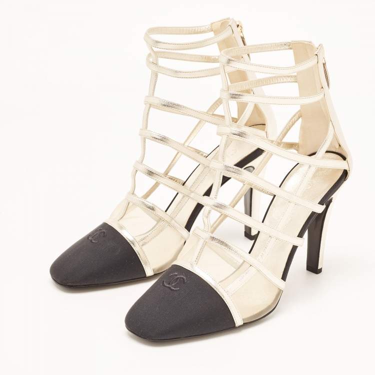 Pre Owned Chanel Gold/Black Leather and Canvas CC Cap Toe Cage Ankle Booties Size 41
