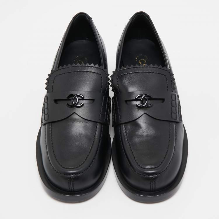 Pre Owned Chanel Black Leather Slip On Loafers Size 38.5