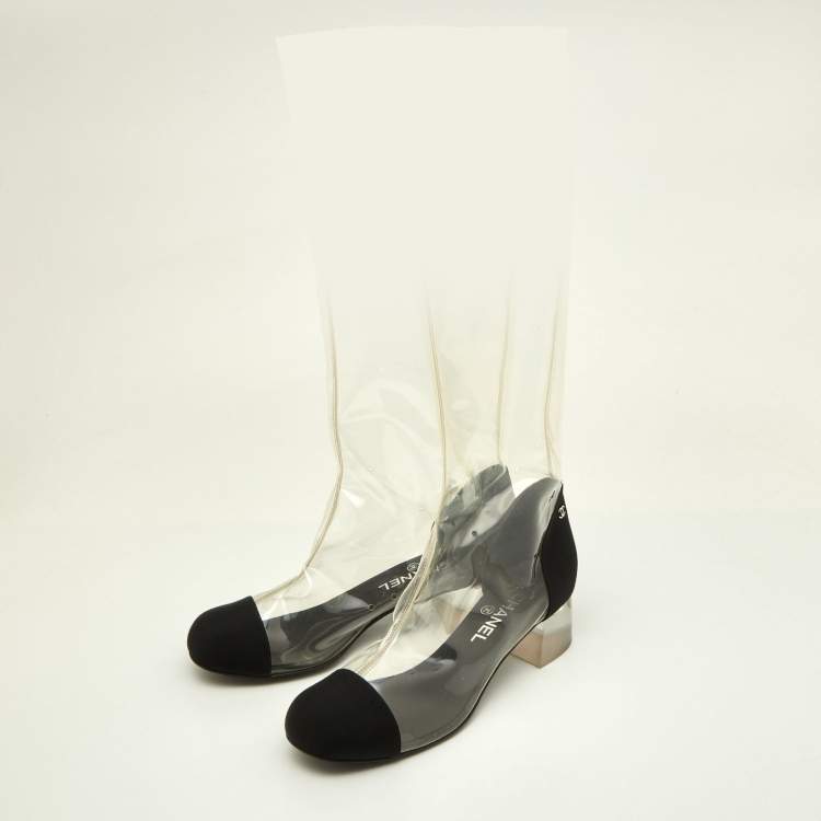 Chanel Transparent Black PVC and Grosgrain Knee High Boots Size 38.5 Chanel TLC