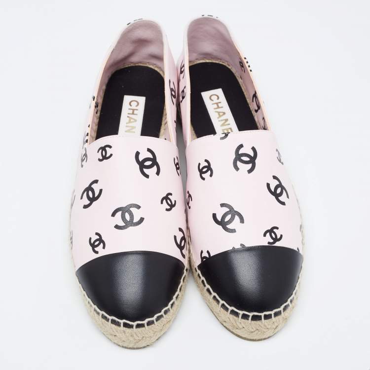 Pre Owned Chanel Pink/Black CC Print Leather Espadrille Flats Size 41