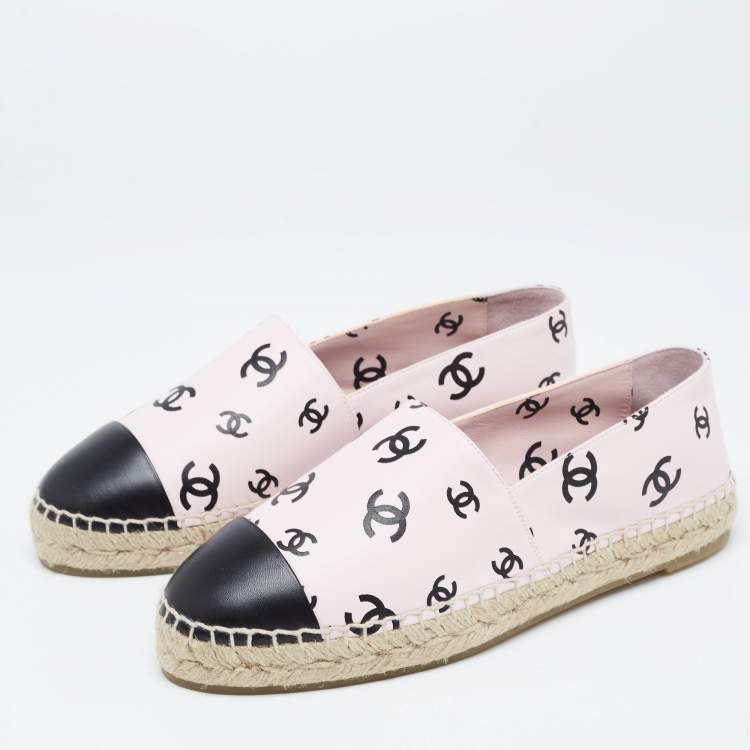 Pre Owned Chanel Pink/Black CC Print Leather Espadrille Flats Size 41