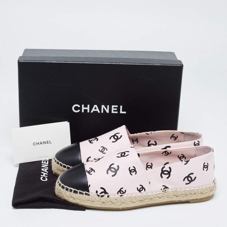 Pre Owned Chanel Pink/Black CC Print Leather Espadrille Flats Size 41