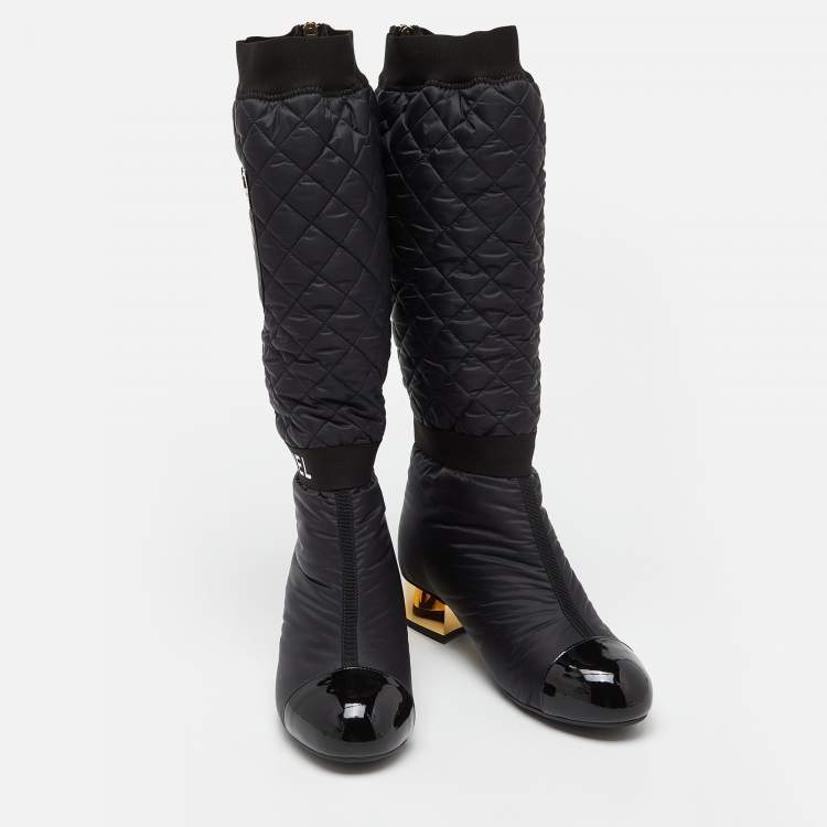 مملوكة مسبقًا Chanel Black Nylon and Patent Leather Interlocking CC Knee High Sock Boots Size 38.5