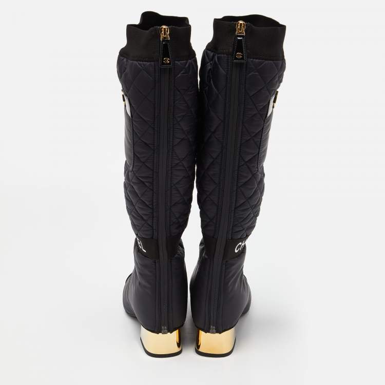 مملوكة مسبقًا Chanel Black Nylon and Patent Leather Interlocking CC Knee High Sock Boots Size 38.5
