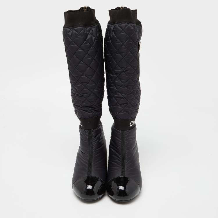 مملوكة مسبقًا Chanel Black Nylon and Patent Leather Interlocking CC Knee High Sock Boots Size 38.5