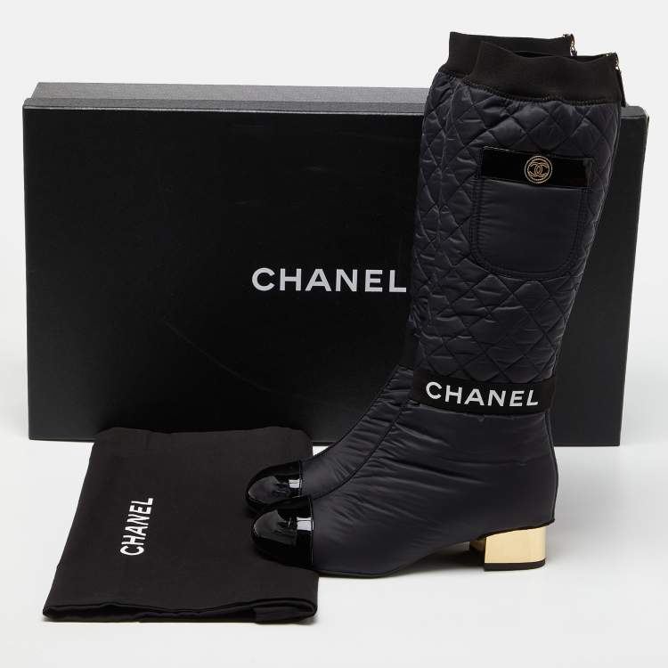 مملوكة مسبقًا Chanel Black Nylon and Patent Leather Interlocking CC Knee High Sock Boots Size 38.5