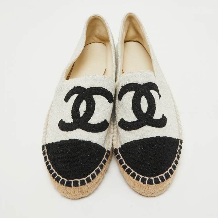 Pre Owned Chanel Grey/Black Wool CC Cap Toe Espadrille Flats Size 41