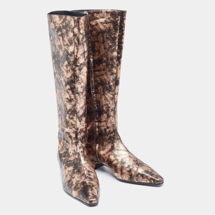 Pre Owned Chanel Metallic Leather Pointed Toe Knee Length Boots Size 40