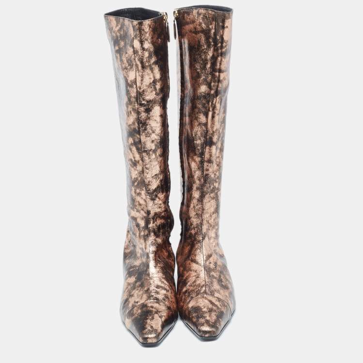 Pre Owned Chanel Metallic Leather Pointed Toe Knee Length Boots Size 40