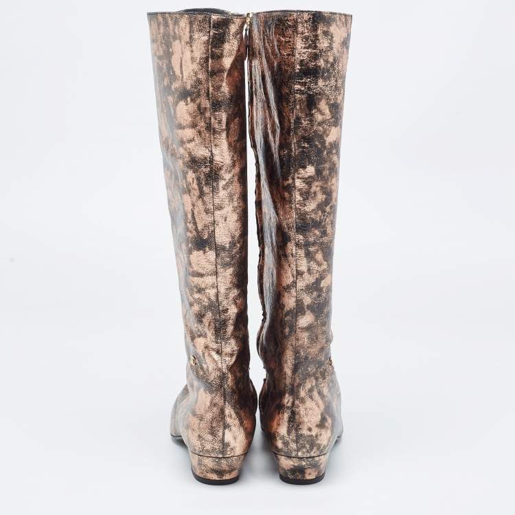 Pre Owned Chanel Metallic Leather Pointed Toe Knee Length Boots Size 40