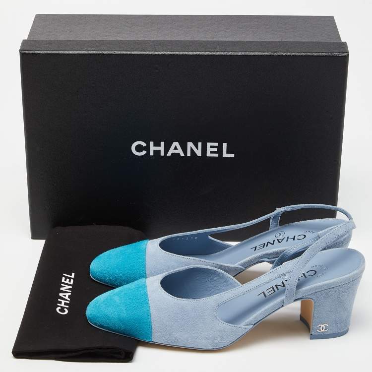 Pre Owned Chanel Two Tone Blue Suede Cap Toe Slingback Sandals Size 37.5