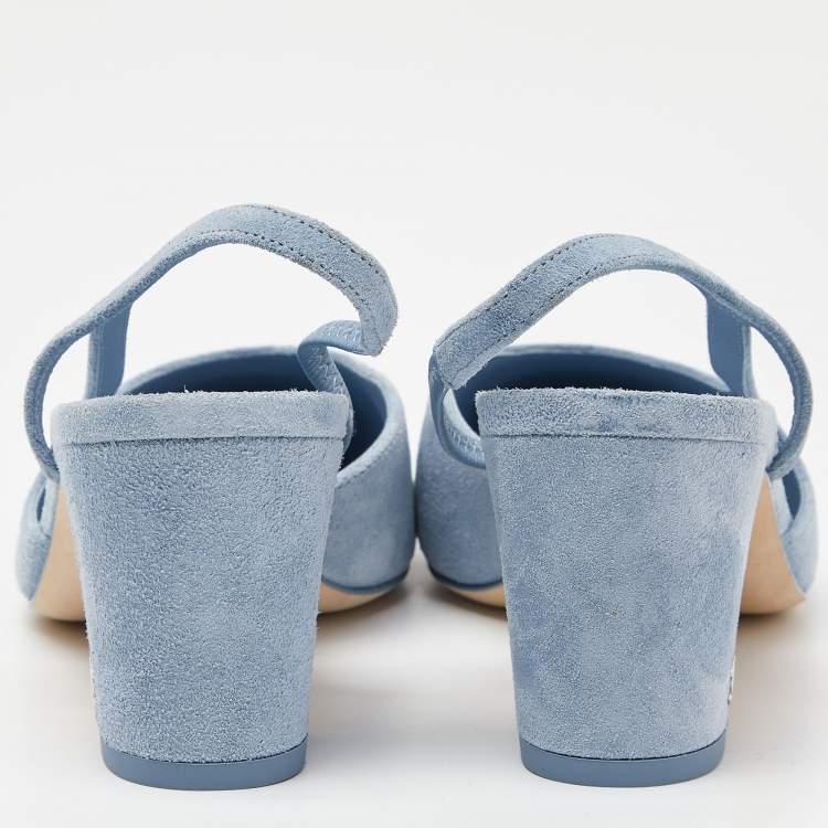 Pre Owned Chanel Two Tone Blue Suede Cap Toe Slingback Sandals Size 37.5