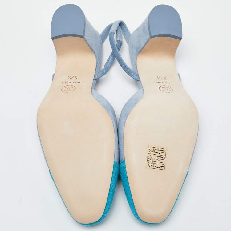 Pre Owned Chanel Two Tone Blue Suede Cap Toe Slingback Sandals Size 37.5