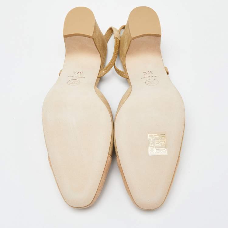 Pre Owned Chanel Two Tone Beige Cap Toe Suede Slingback Sandals Size 37.5
