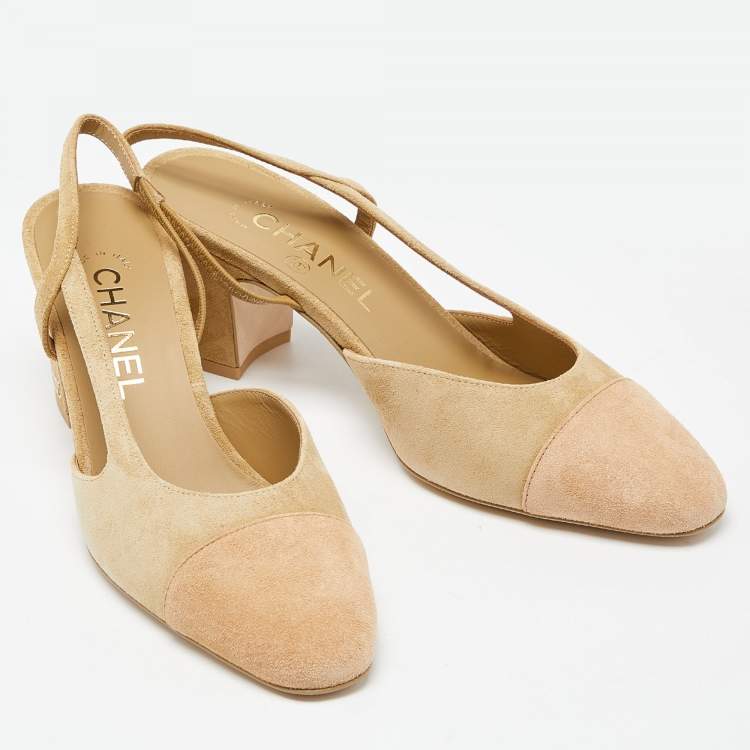 Pre Owned Chanel Two Tone Beige Cap Toe Suede Slingback Sandals Size 37.5