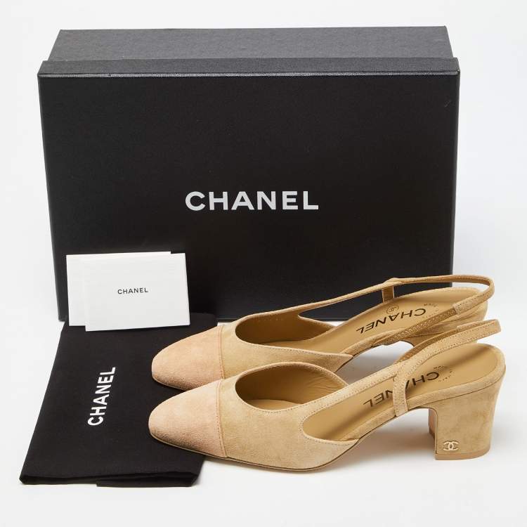 Pre Owned Chanel Two Tone Beige Cap Toe Suede Slingback Sandals Size 37.5