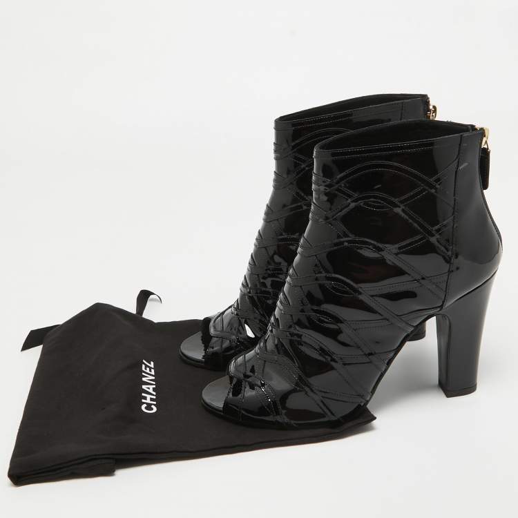 Pre Owned Chanel Black Patent Leather Peep Toe Ankle Booties Size 39.5