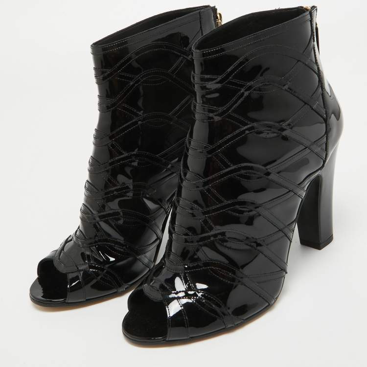 Pre Owned Chanel Black Patent Leather Peep Toe Ankle Booties Size 39.5