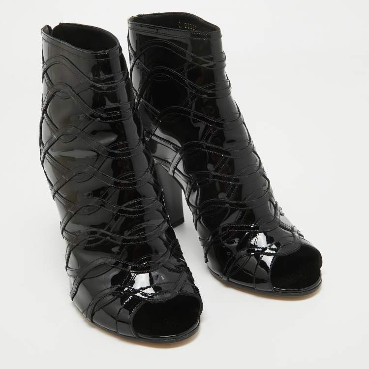 Pre Owned Chanel Black Patent Leather Peep Toe Ankle Booties Size 39.5