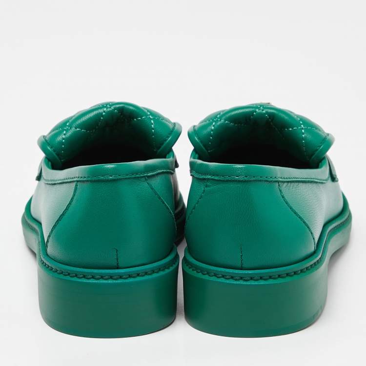 Pre Owned Chanel Green Leather CC  Interlocking Loafers Size 37.5