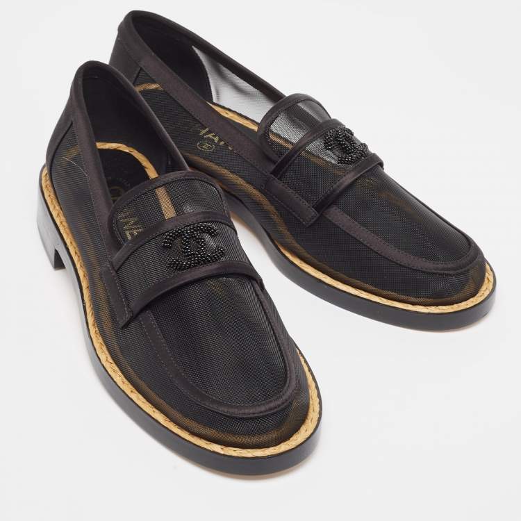 Pre Owned Chanel Black Mesh and Satin Beaded CC Slip On Loafers Size 37