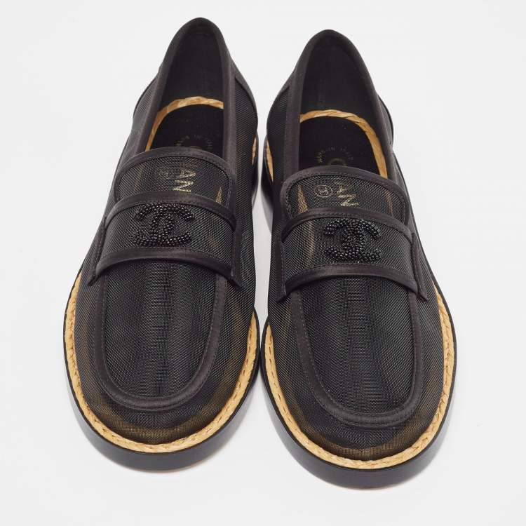 Pre Owned Chanel Black Mesh and Satin Beaded CC Slip On Loafers Size 37