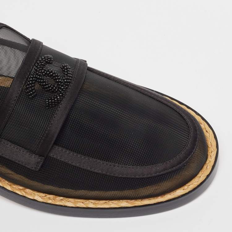 Pre Owned Chanel Black Mesh and Satin Beaded CC Slip On Loafers Size 37