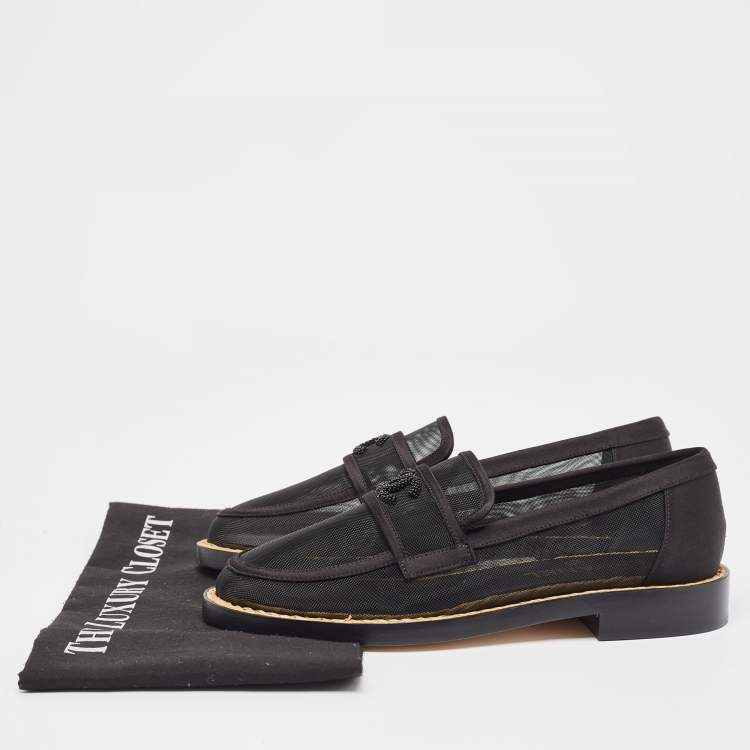 Pre Owned Chanel Black Mesh and Satin Beaded CC Slip On Loafers Size 37