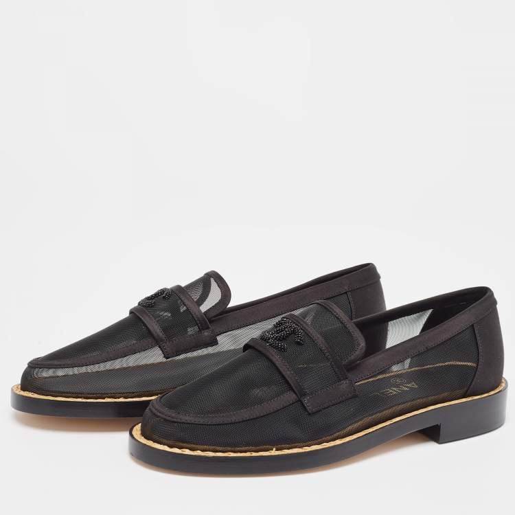 Pre Owned Chanel Black Mesh and Satin Beaded CC Slip On Loafers Size 37