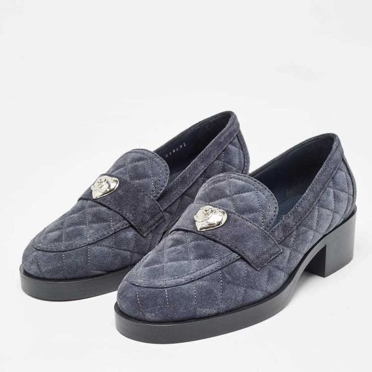 Pre Owned Chanel Navy Blue Quilted Suede CC Heart Loafers Size 37.5