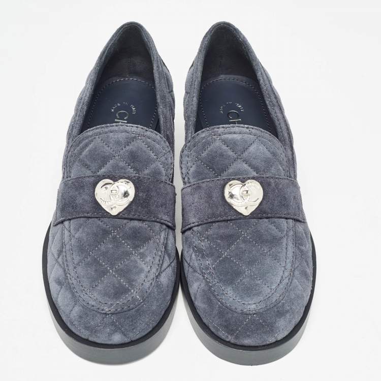 Pre Owned Chanel Navy Blue Quilted Suede CC Heart Loafers Size 37.5