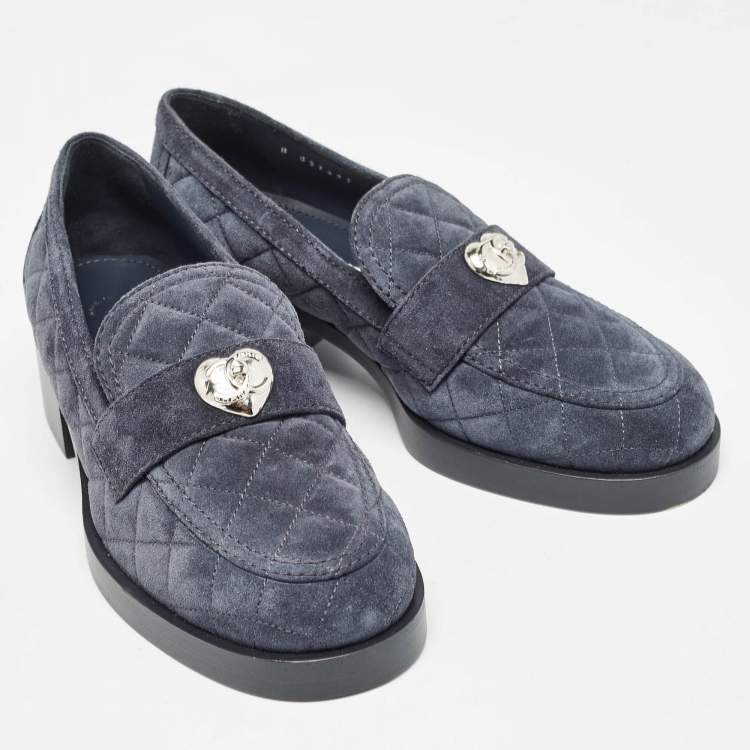 Pre Owned Chanel Navy Blue Quilted Suede CC Heart Loafers Size 37.5