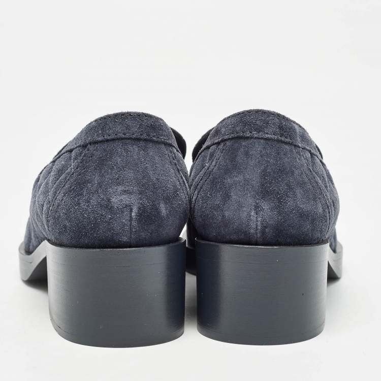 Pre Owned Chanel Navy Blue Quilted Suede CC Heart Loafers Size 37.5