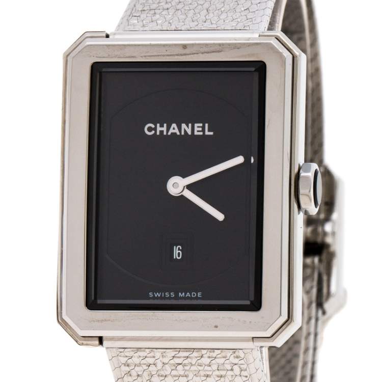 Pre Owned Chanel Black Stainless Steel Guilloche Boy-Friend H4878 Women's Wristwatch 27 mm
