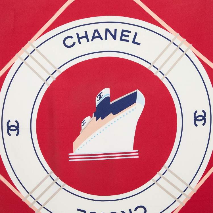 Pre Owned Chanel Red Chanel Cruise Print Silk Square Scarf