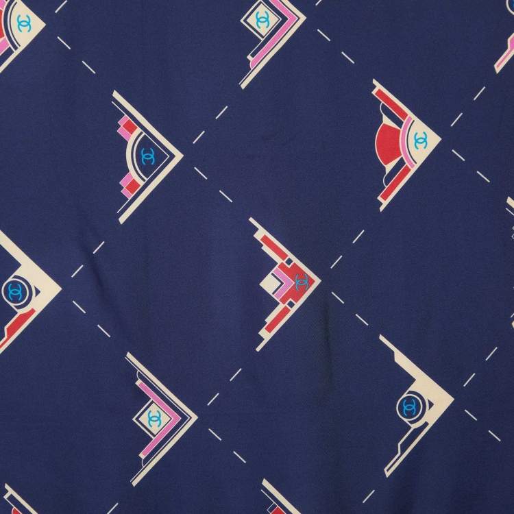Pre Owned Chanel Navy Blue CC Geometric Print Silk Scarf