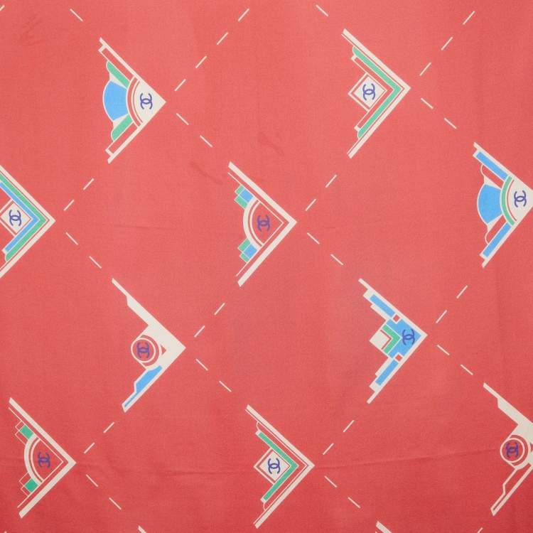 Pre Owned Chanel Coral Red CC Geometric Print Silk Scarf