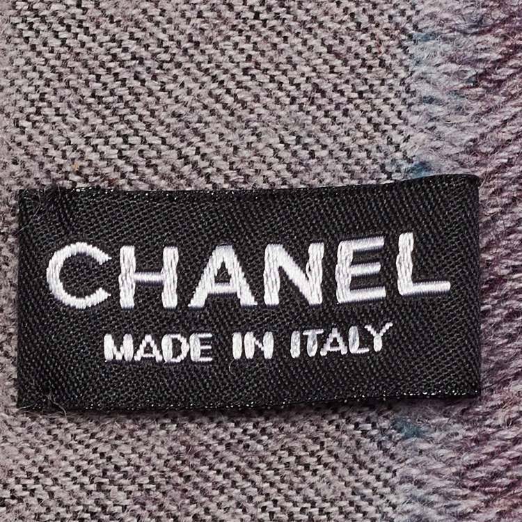 Pre Owned Chanel Multicolor Logo Pattern Cashmere and Silk Raw Edge Scarf