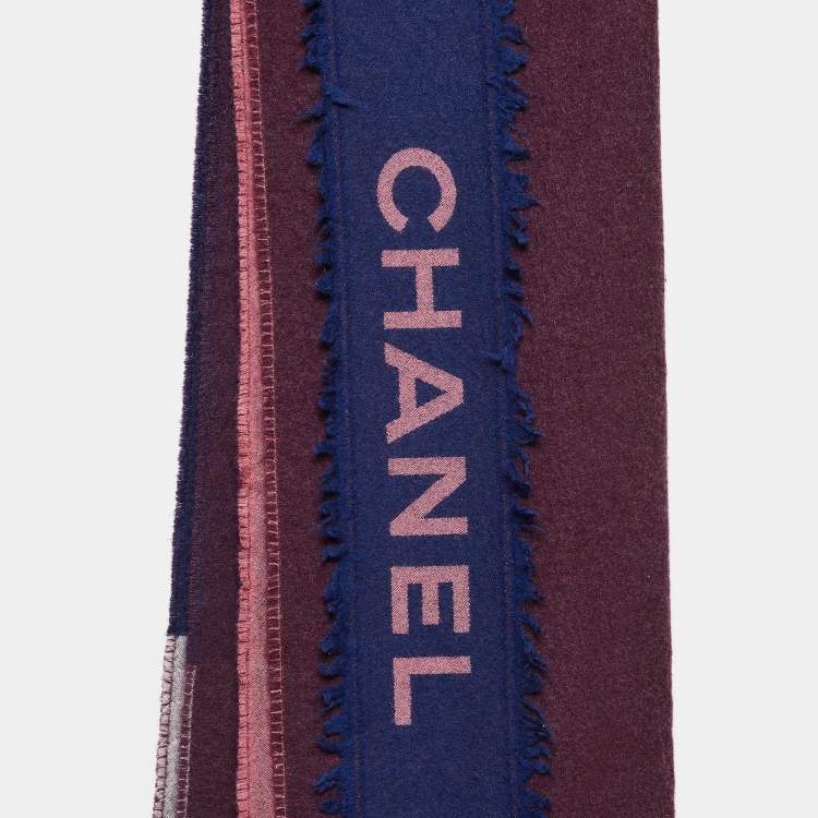Pre Owned Chanel Multicolor Logo Pattern Cashmere and Silk Raw Edge Scarf