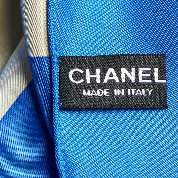 Pre Owned Chanel Blue Geometric Logo Print Silk Square Scarf