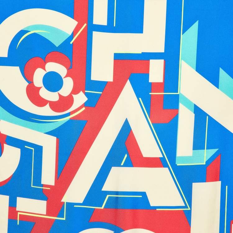 Pre Owned Chanel Blue Geometric Logo Print Silk Square Scarf