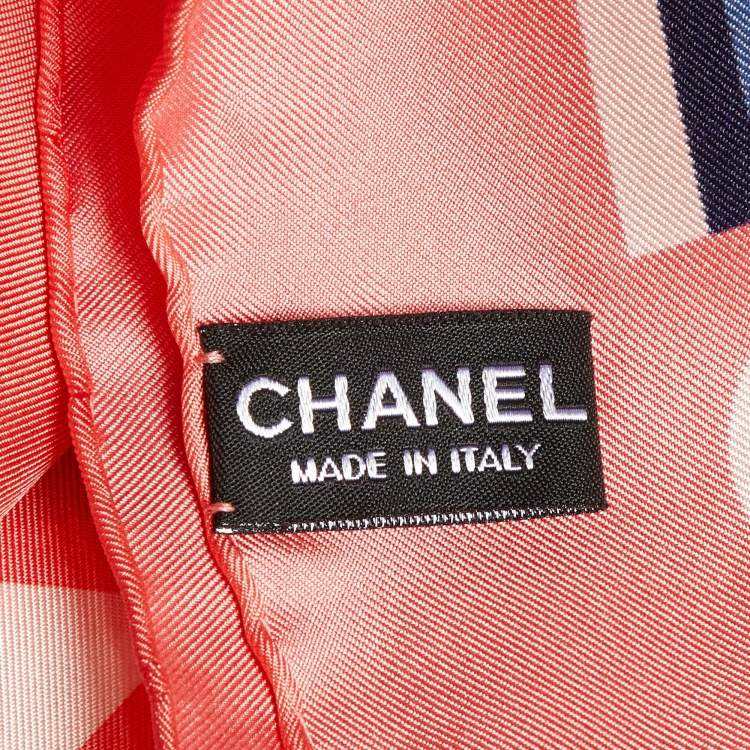 Pre Owned Chanel Coral Pink Logo Cruise Print Silk Square Scarf