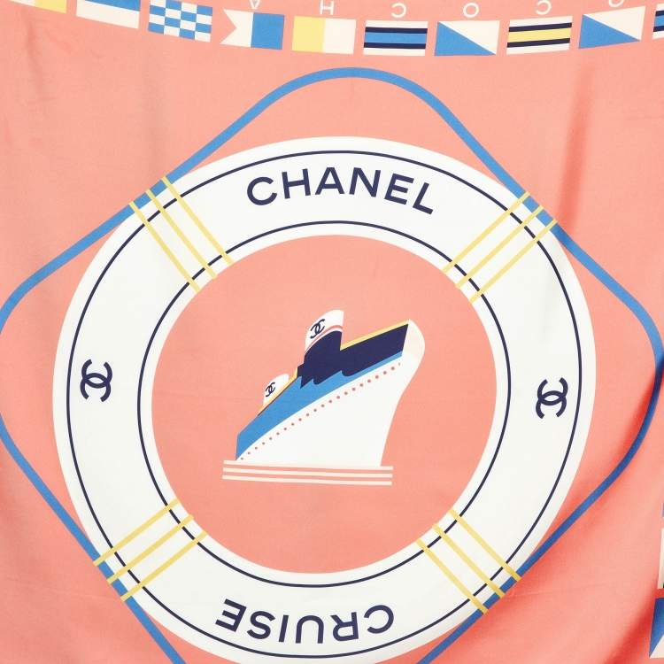 Pre Owned Chanel Coral Pink Logo Cruise Print Silk Square Scarf